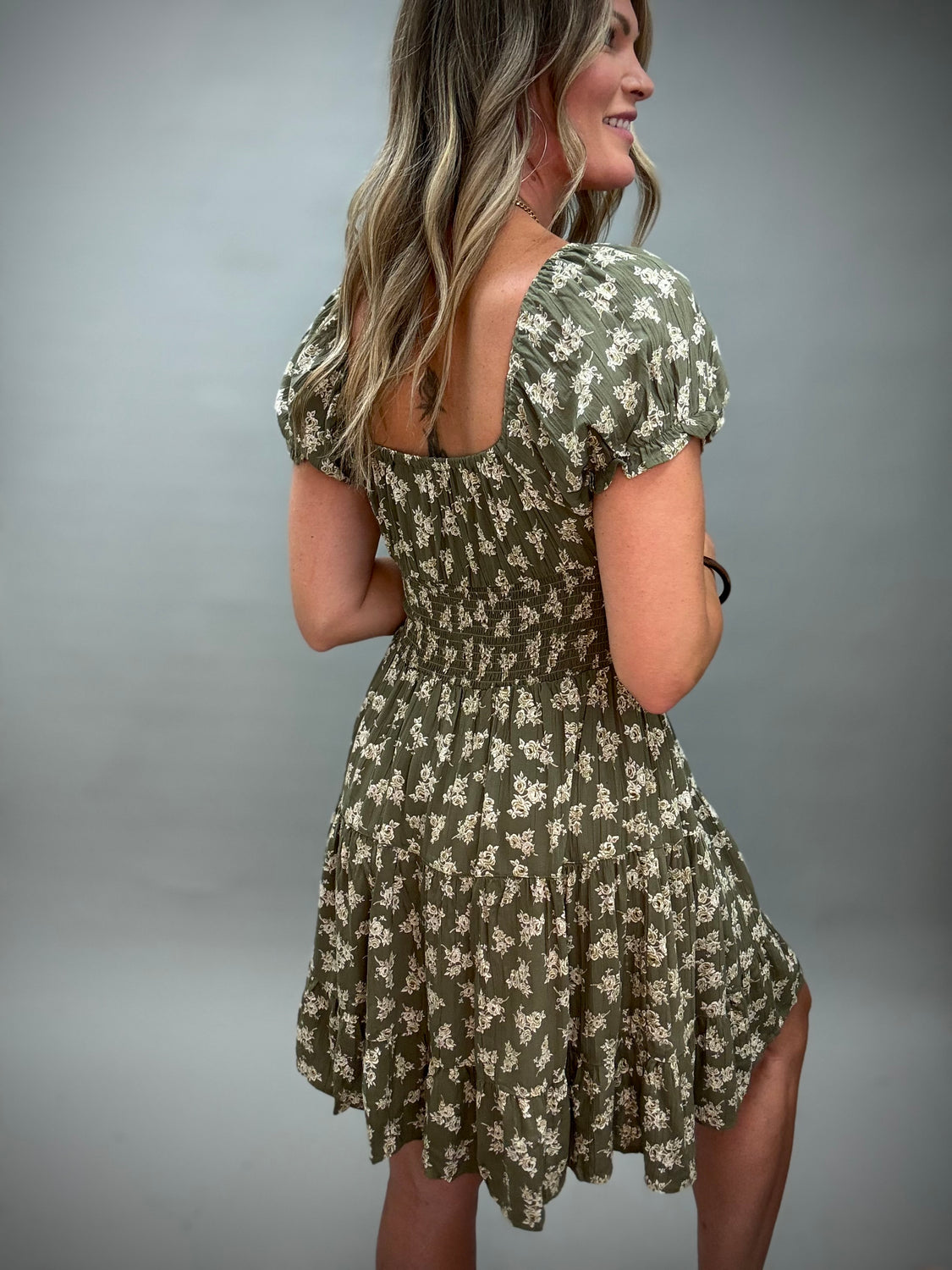 Olive Floral Bohemian Midi Dress