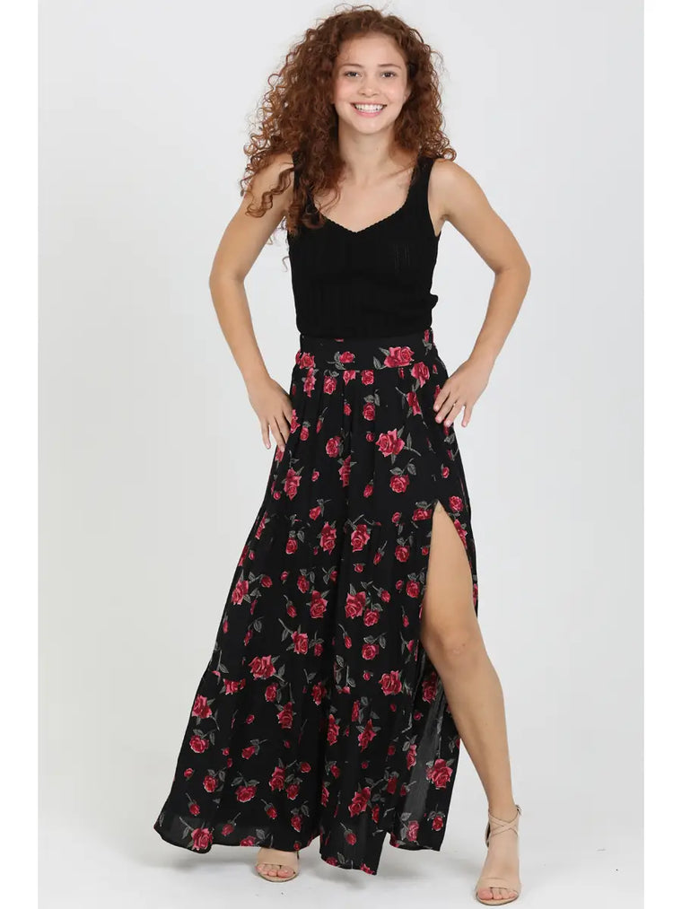 Black Roses Maxi Slit Skirt