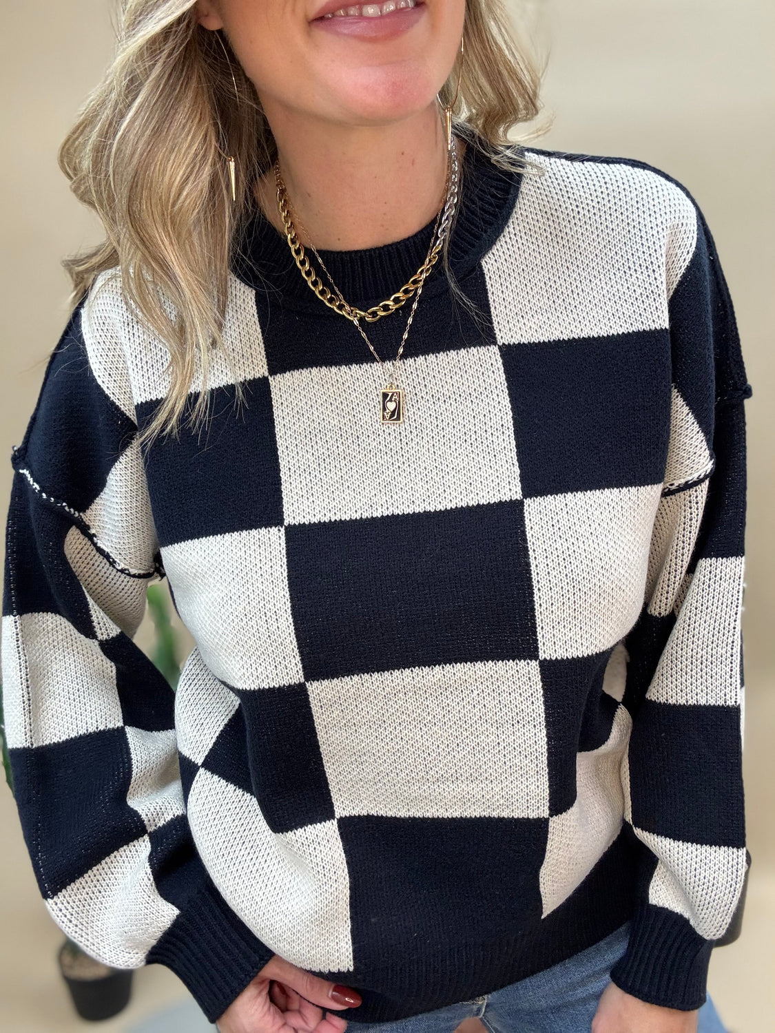 Navy Checker Pullover