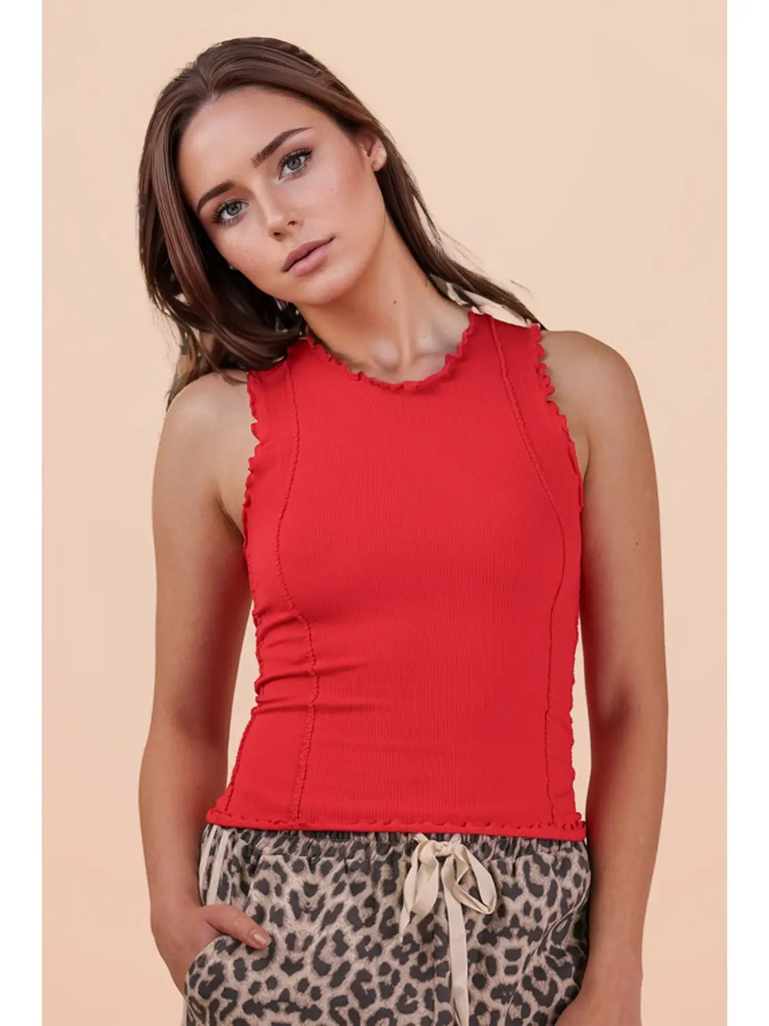 Cherry Red Ruffle Edge Tank Top