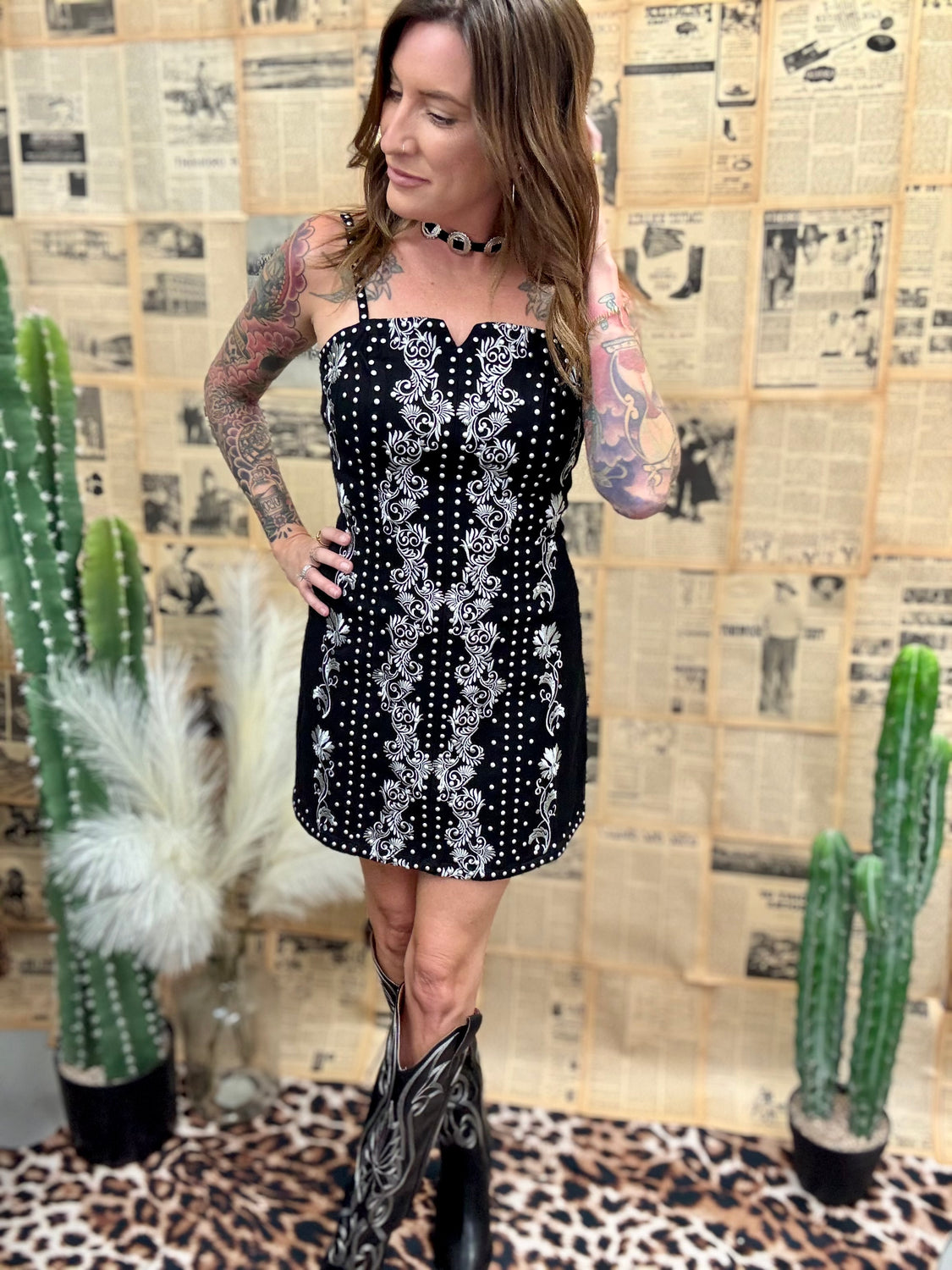 Floral Studded Mini Denim Dress