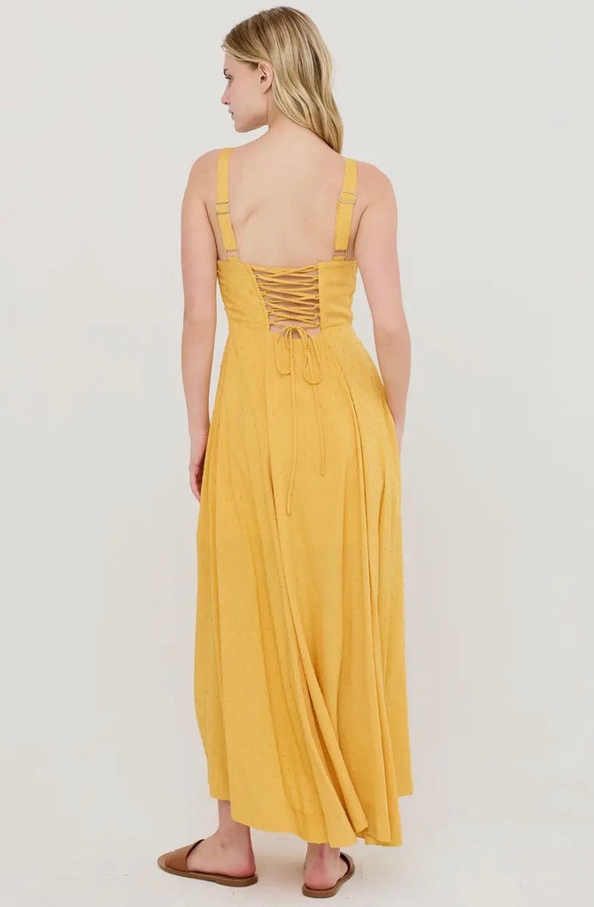 Solana Swiss Dot Midi Dress Mustard