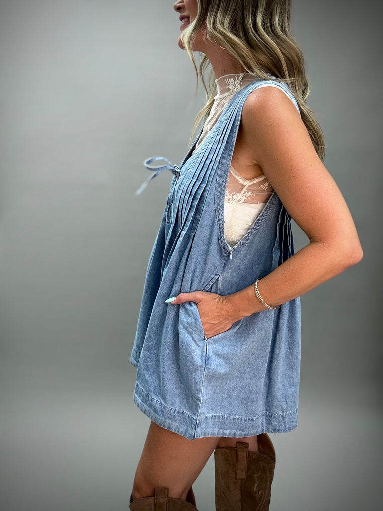 Front Pleated V Neck Sleeveless Denim Romper