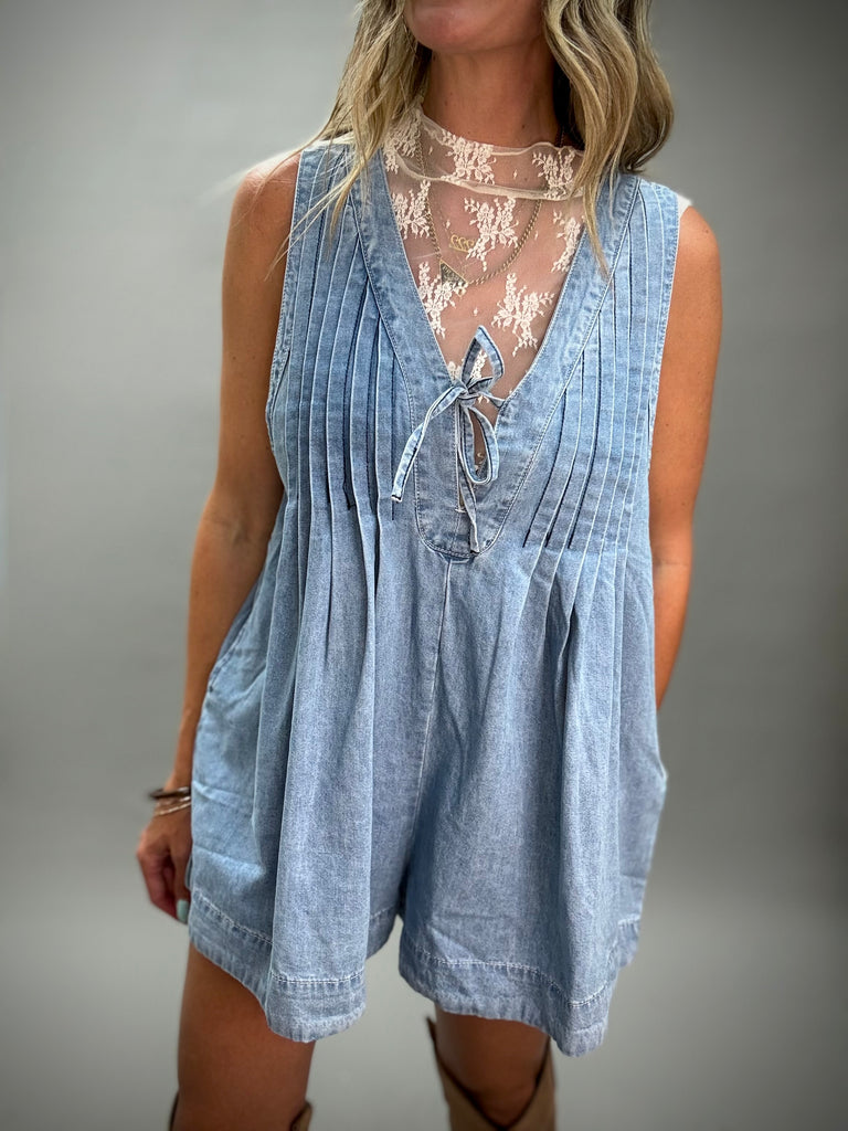 Front Pleated V Neck Sleeveless Denim Romper