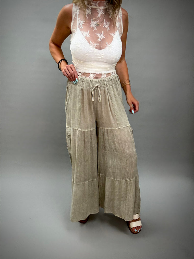 Dusty Sage Wide Leg Cargo Pants