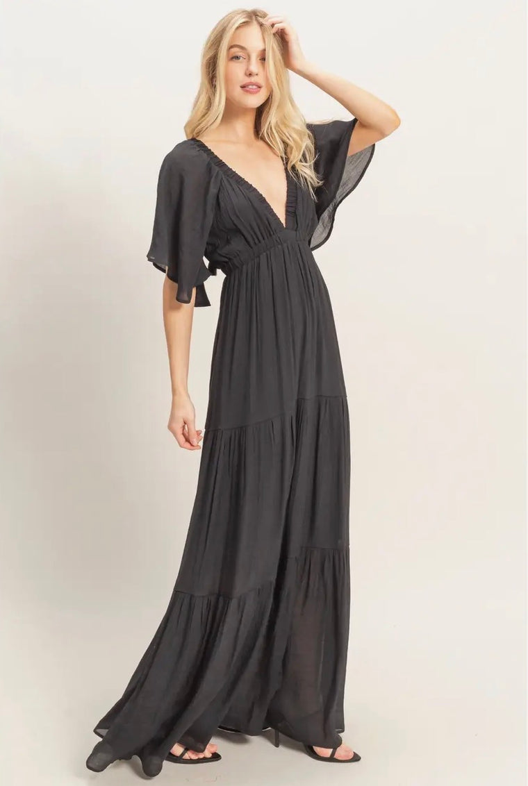 Ivy Ruffle Sleeve Black Maxi Dress