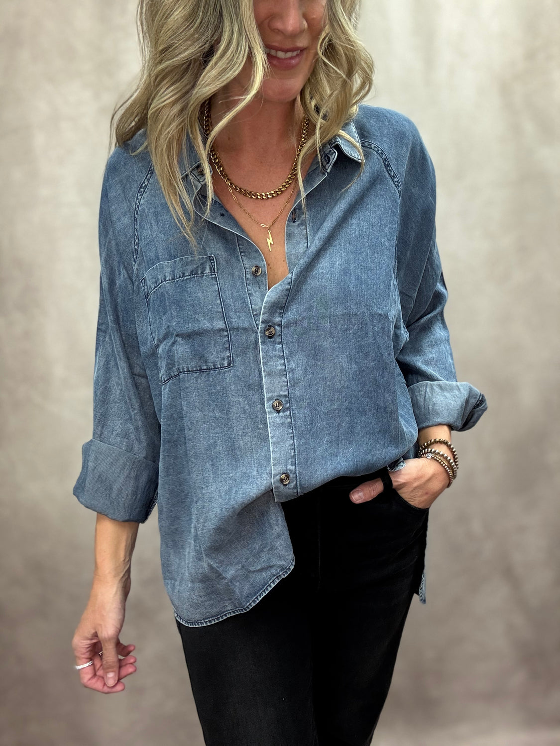 Tencel Medium Denim Button Down Top
