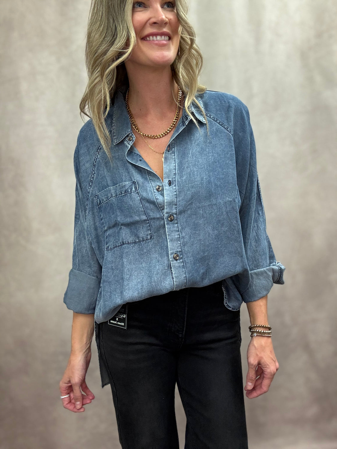 Tencel Medium Denim Button Down Top