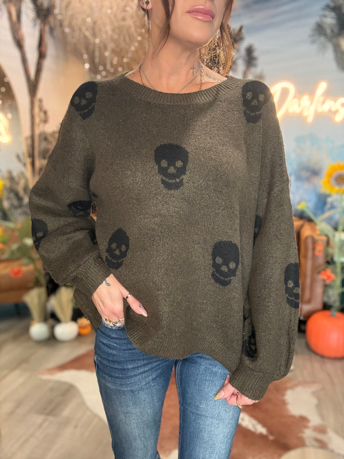 Olive Skull Sweater