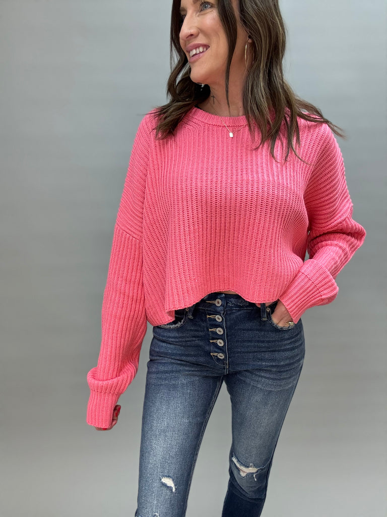Taffy Pink Knit Crop Sweater