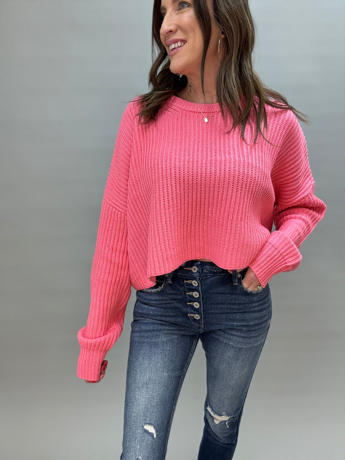 Taffy Pink Knit Crop Sweater