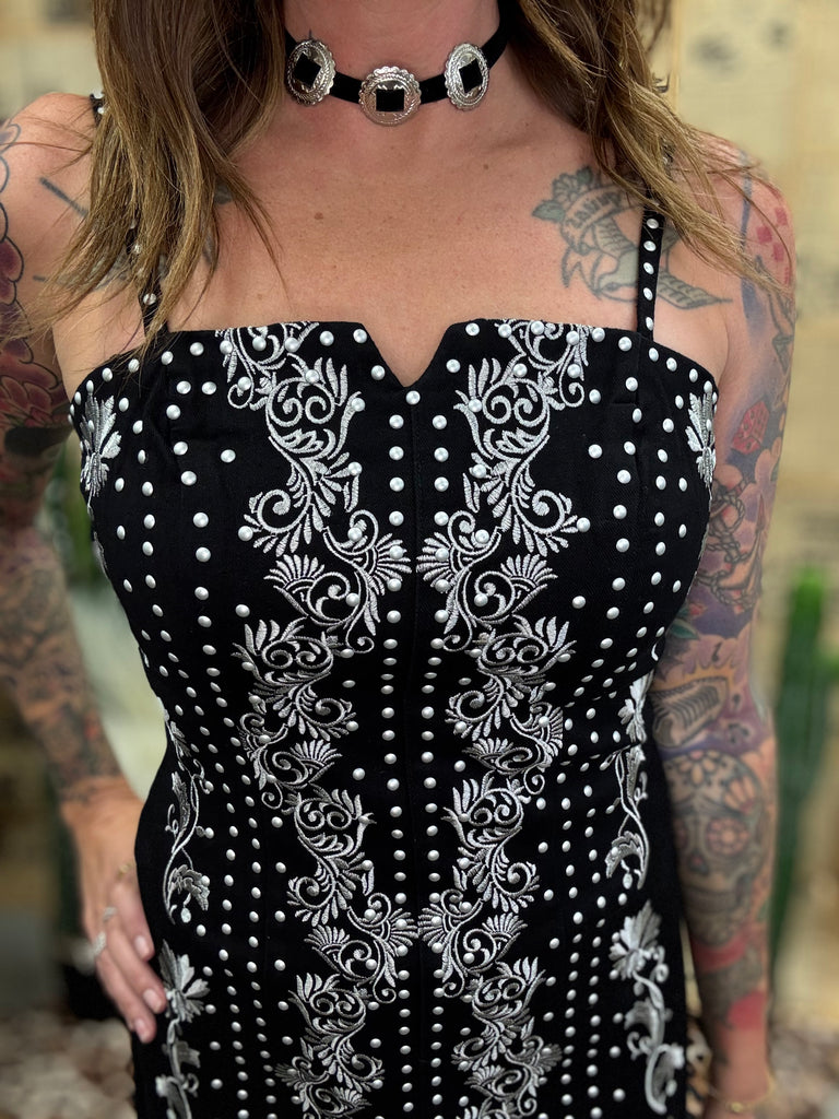 Floral Studded Mini Denim Dress