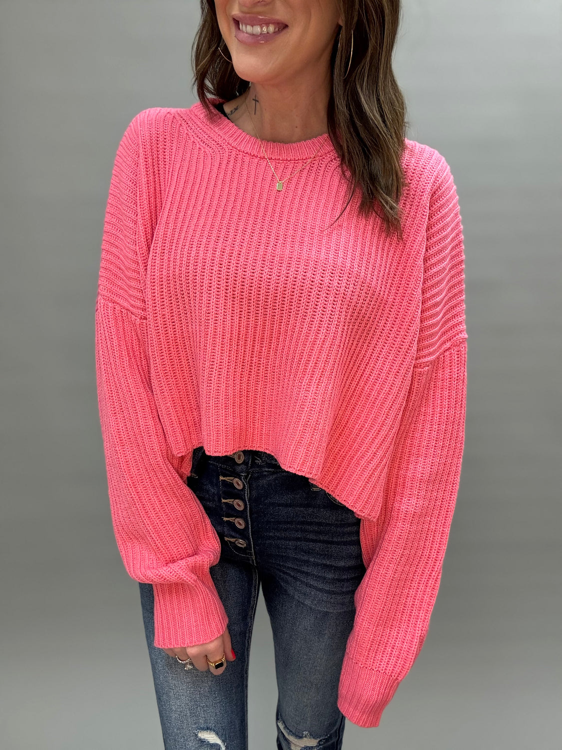 Taffy Pink Knit Crop Sweater