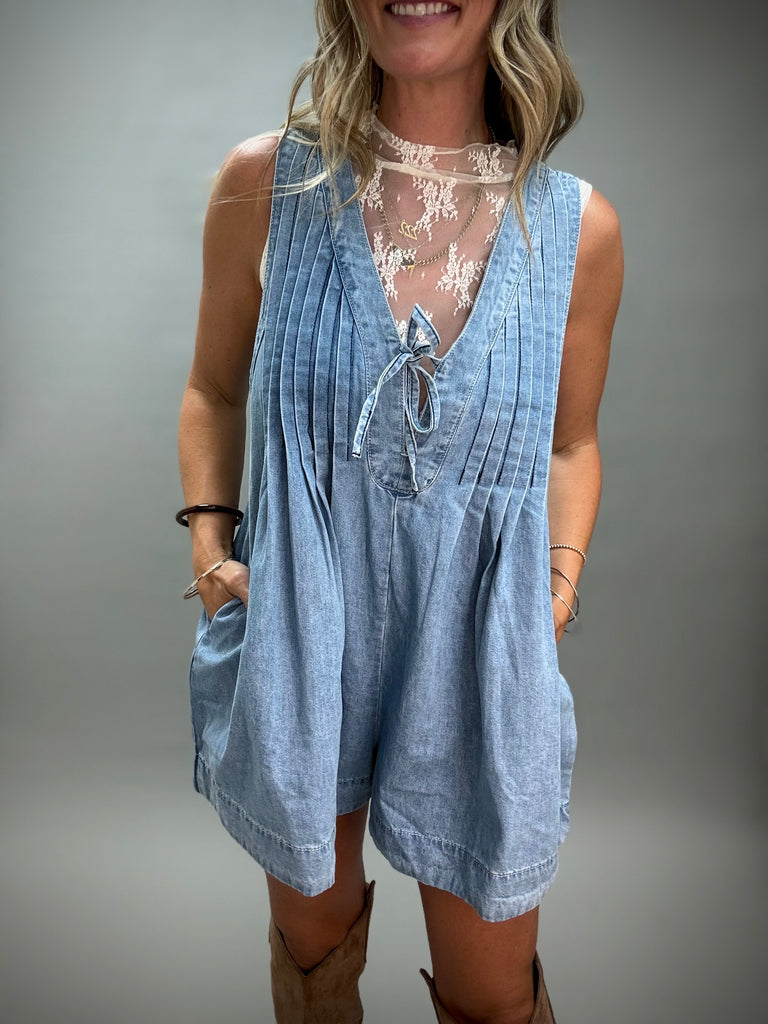 Front Pleated V Neck Sleeveless Denim Romper