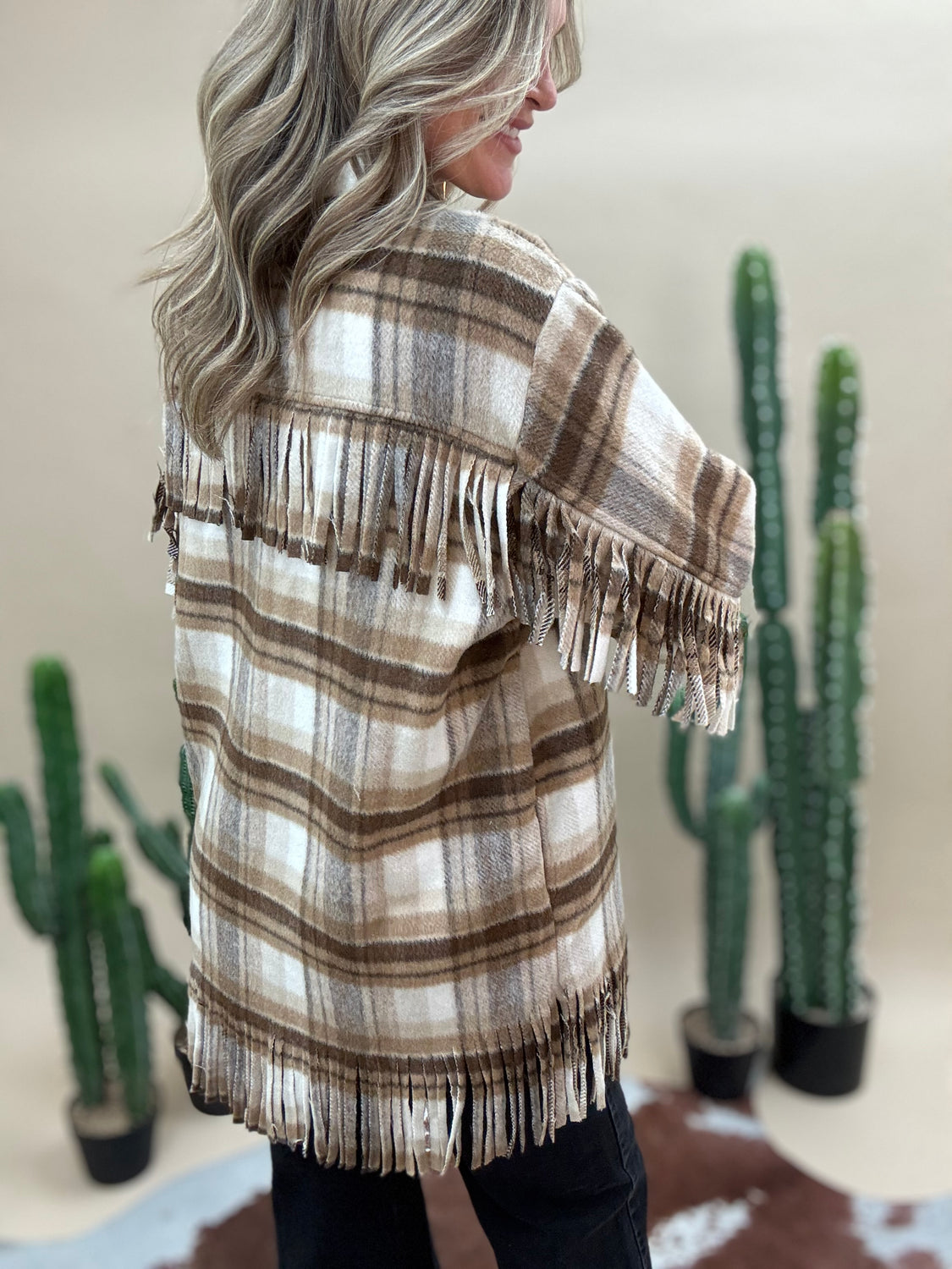 Harvest Plaid Fringe Coat