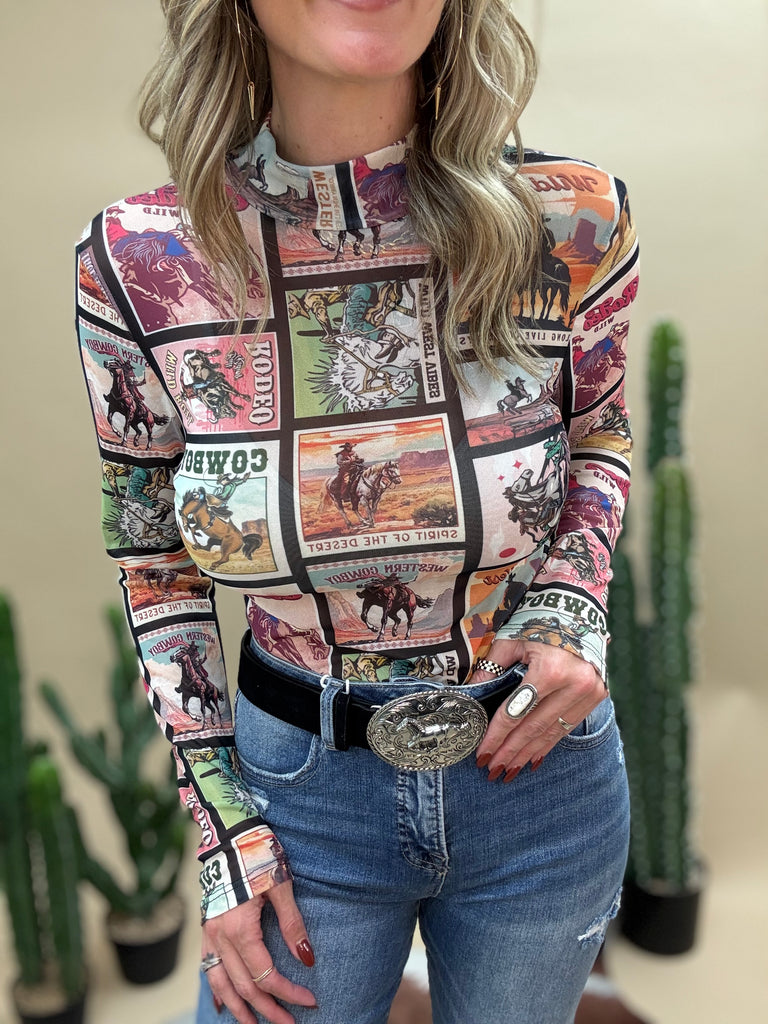 Postcard Print Mesh Bodysuit