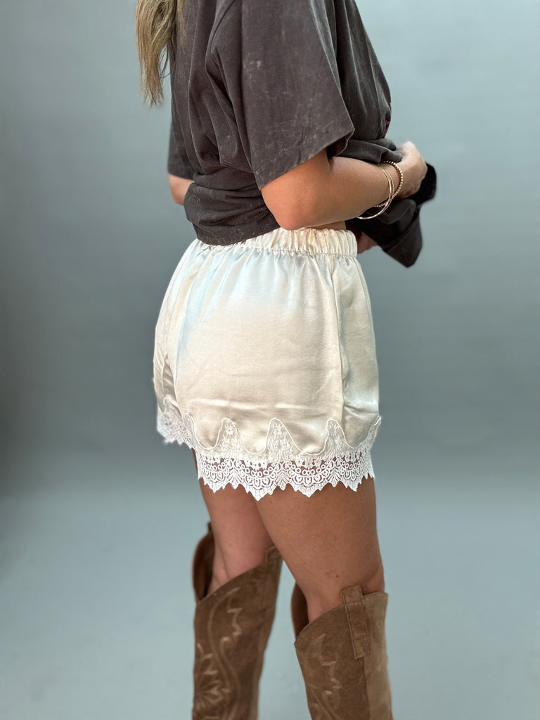 Lace Trimmed Satin Shorts Ivory