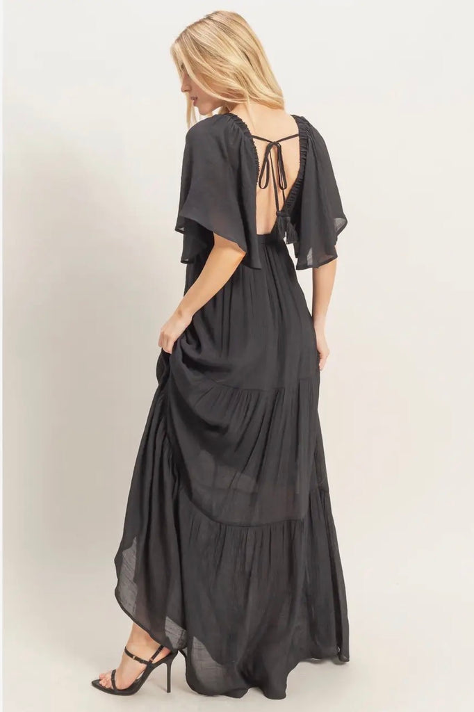 Ivy Ruffle Sleeve Black Maxi Dress