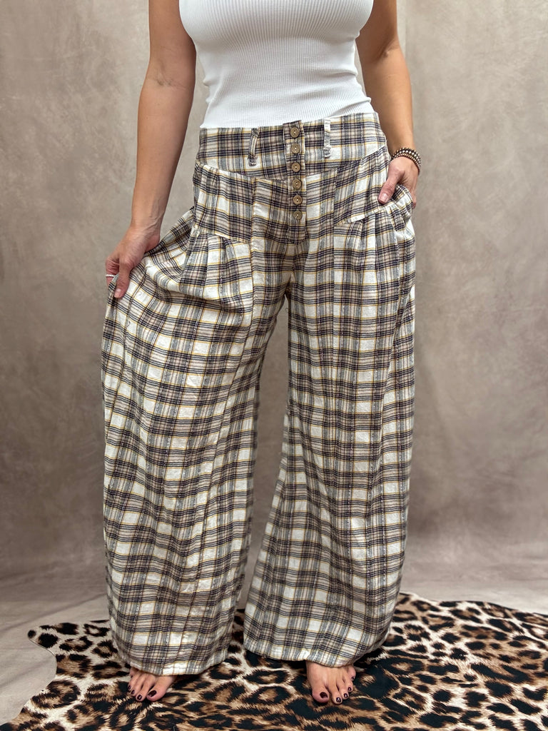 Buttoned Up Plaid Wide Leg Pants