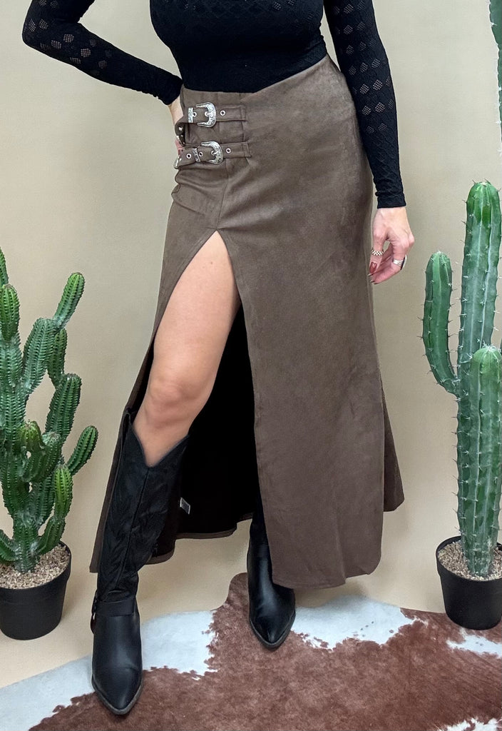 Double Buckle Suede Skirt