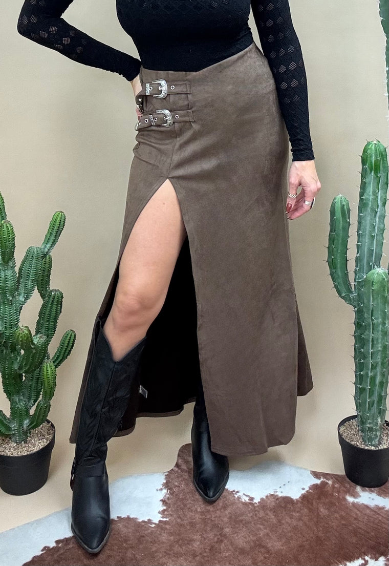 Double Buckle Suede Skirt