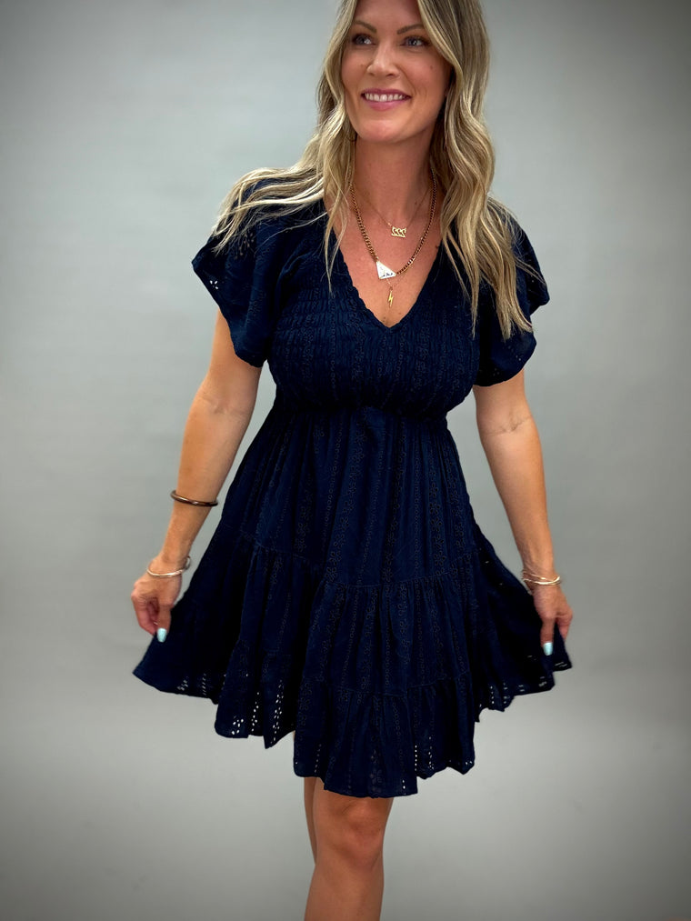 Dahlia Navy Flutter Sleeve Dress
