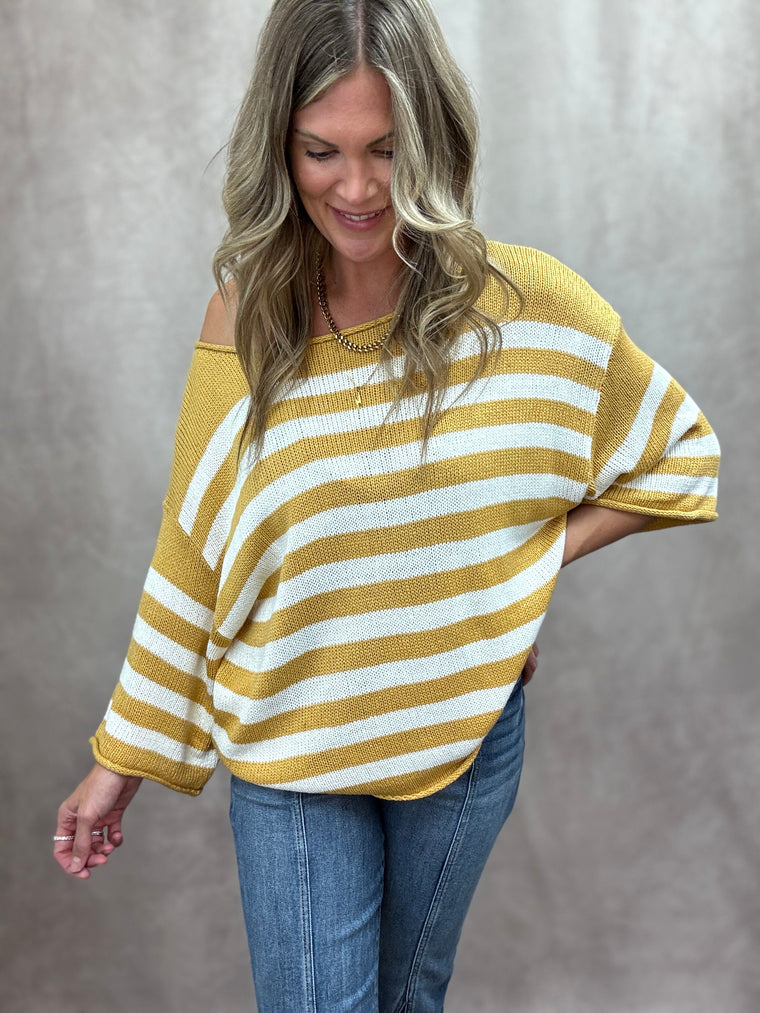 Mustard Stripe Boxy Sweater Top