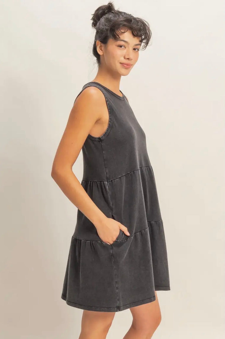 Grace Black Vintage Wash Tiered Tank Dress