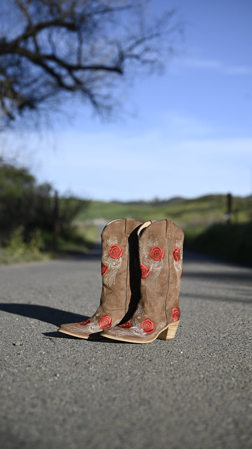 Tan Rose Embroidered Boot