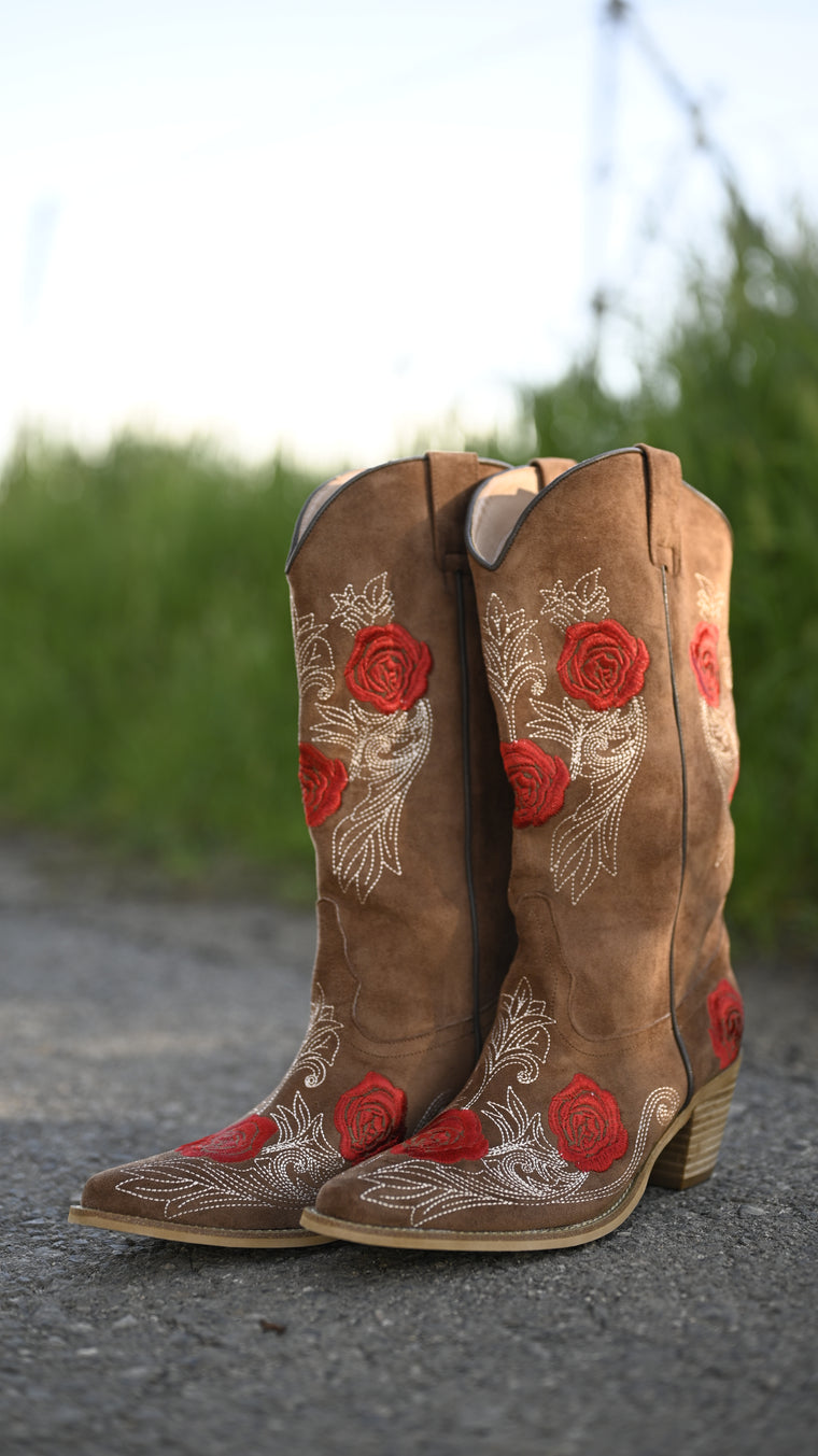 Tan Rose Embroidered Boot