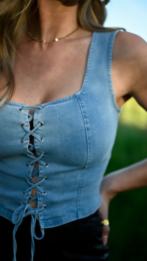 Tie Up Denim Corset Tank Top