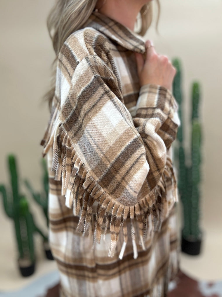 Harvest Plaid Fringe Coat