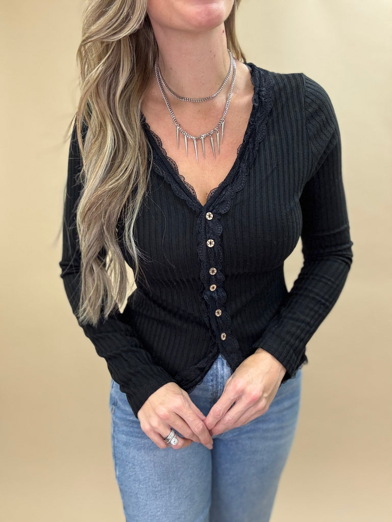 Lace Trim Button Knit Top