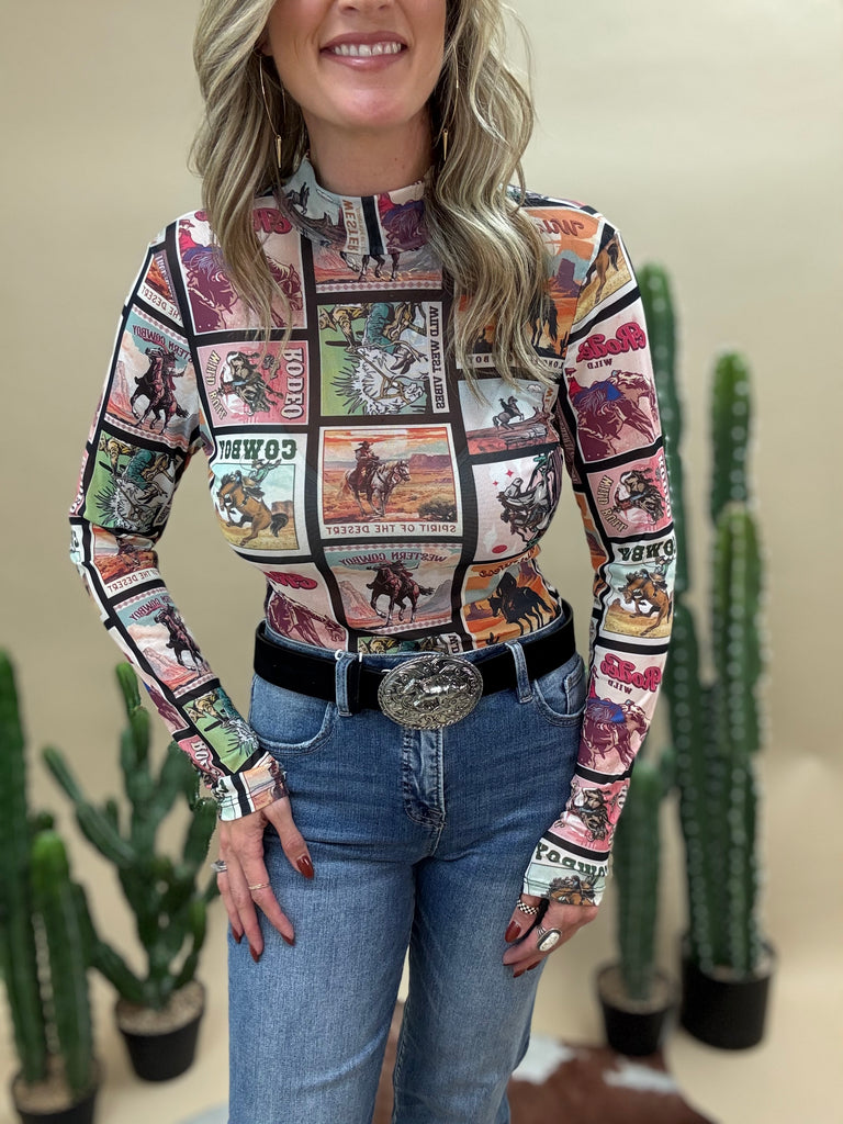 Postcard Print Mesh Bodysuit