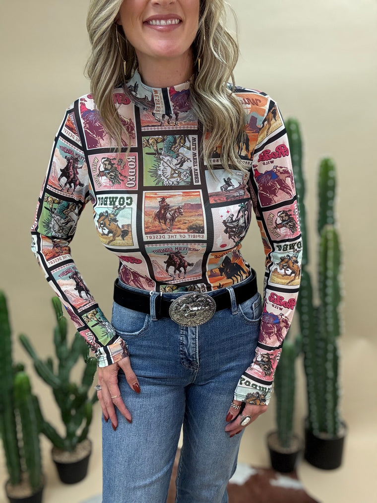 Postcard Print Mesh Bodysuit