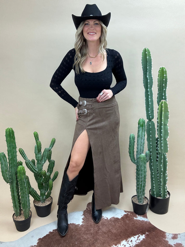 Double Buckle Suede Skirt