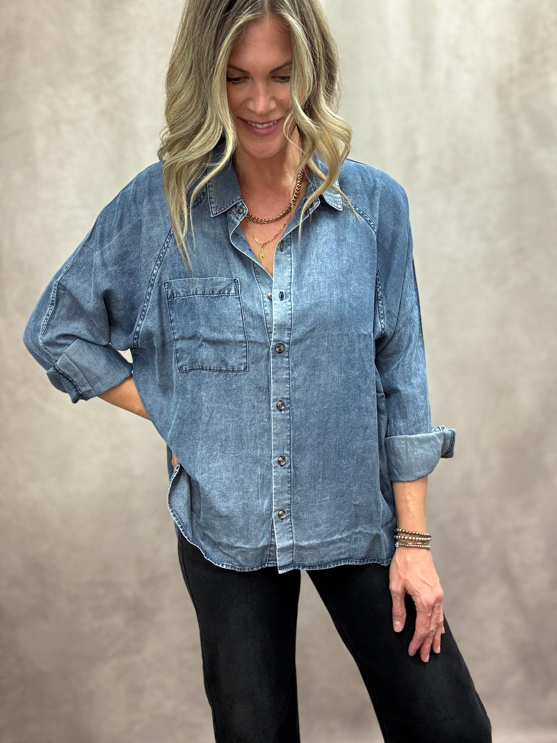 Tencel Medium Denim Button Down Top