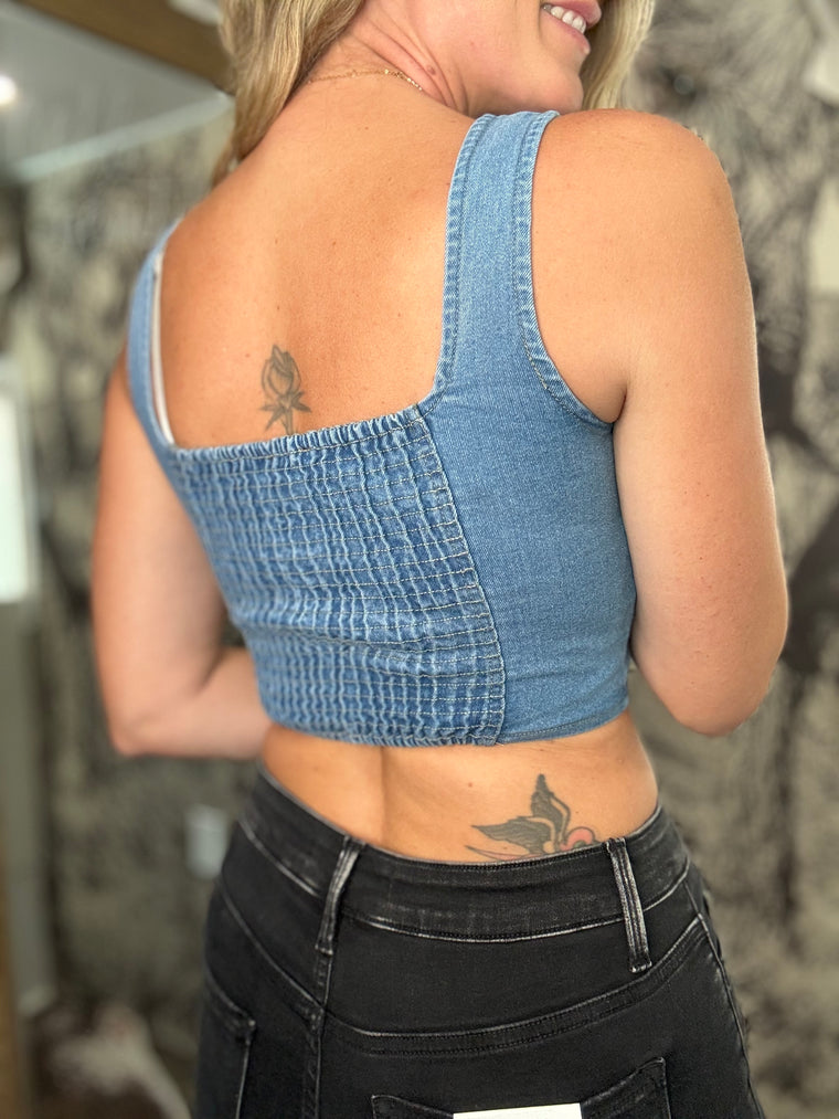 Smocked Back Denim Vest
