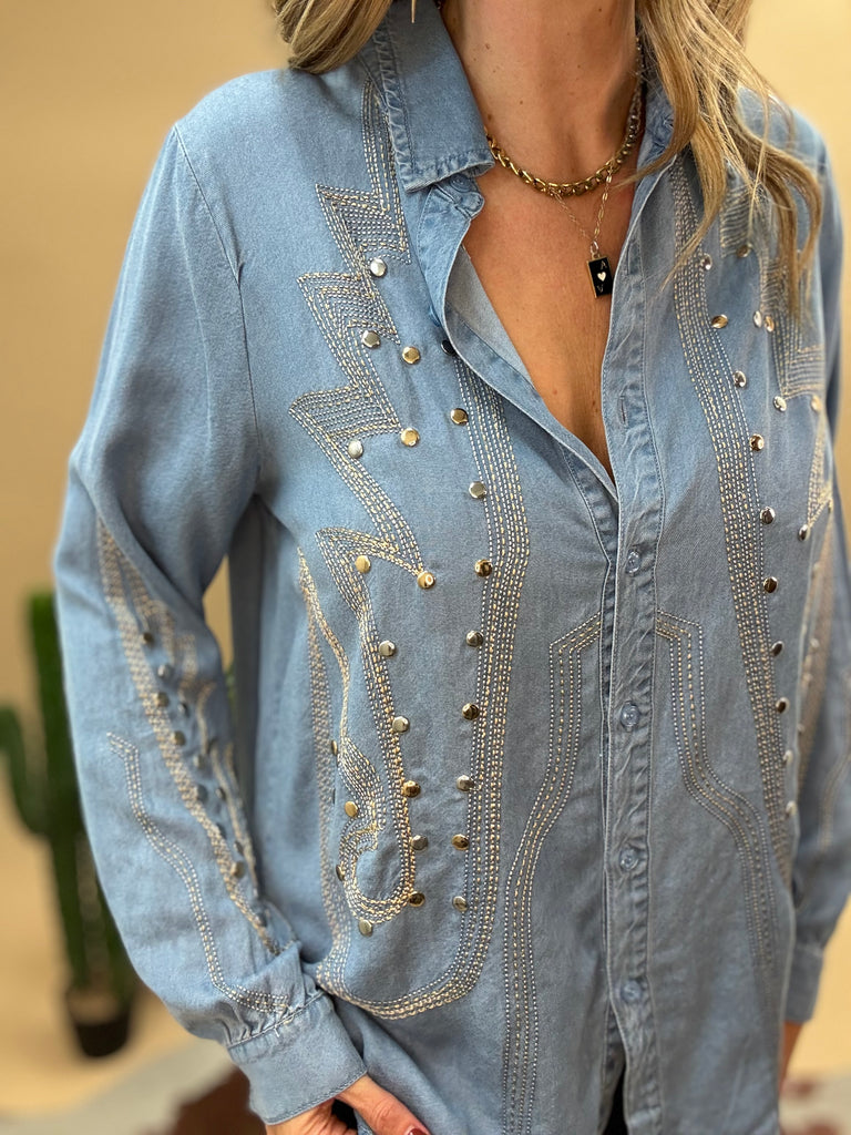 Rodeo Nights Embellished Denim Shirt