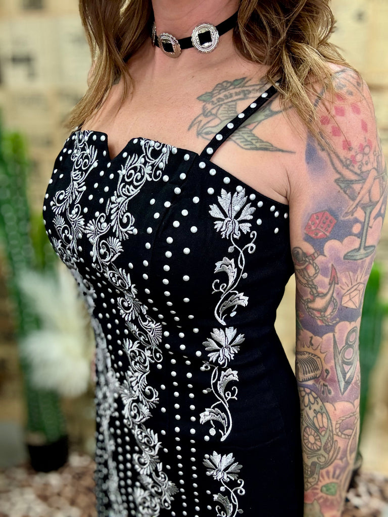 Floral Studded Mini Denim Dress