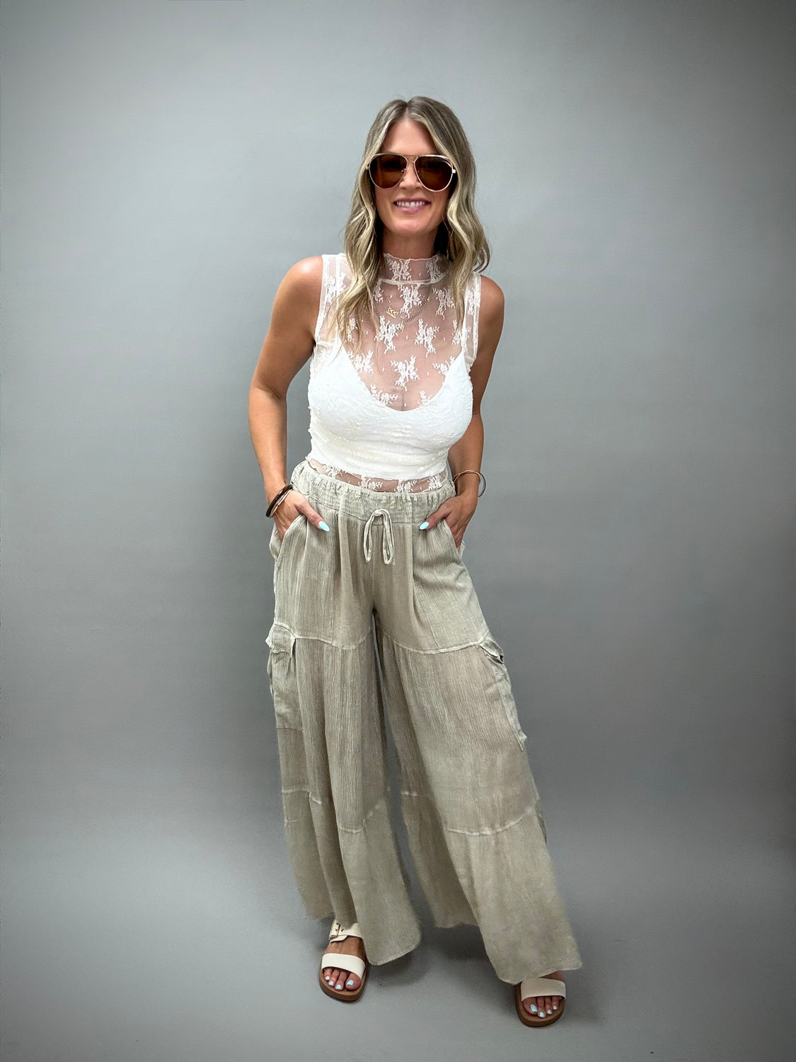 Dusty Sage Wide Leg Cargo Pants