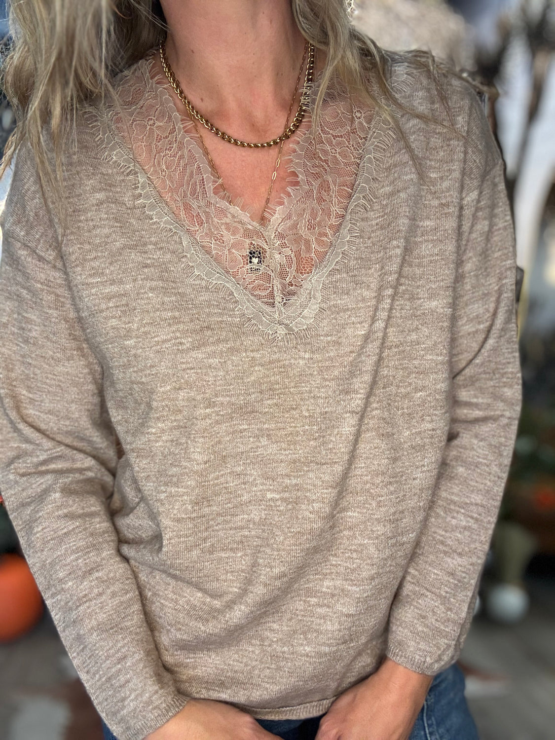 Taupe & Lace Sweater
