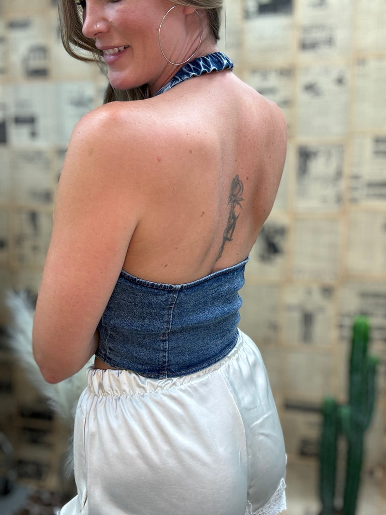 Denim Zip-Front Halter Top
