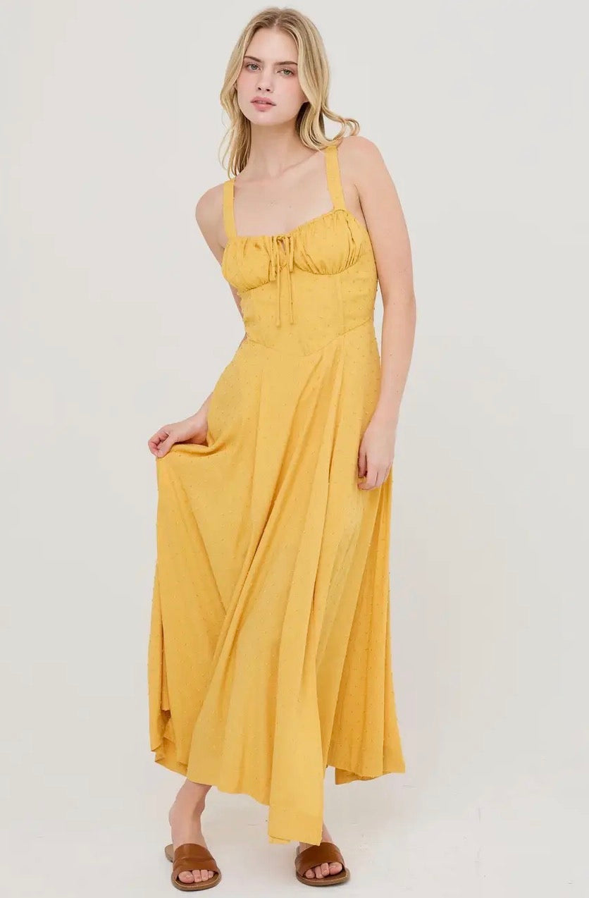Solana Swiss Dot Midi Dress Mustard