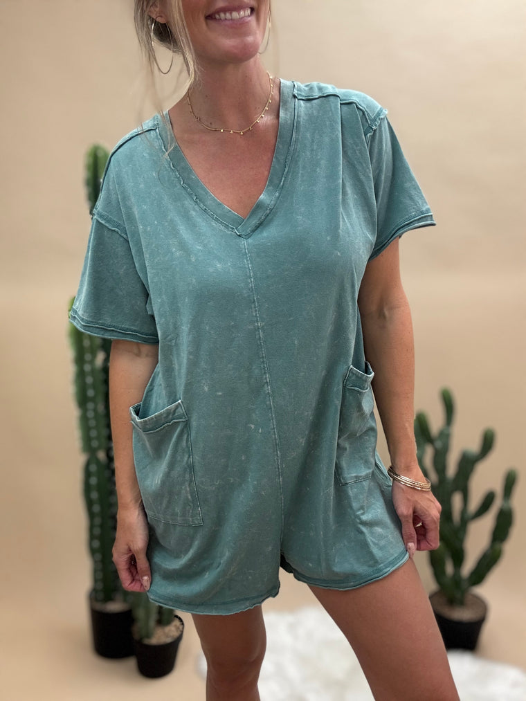 Olive Mineral Washed T-Shirt Romper