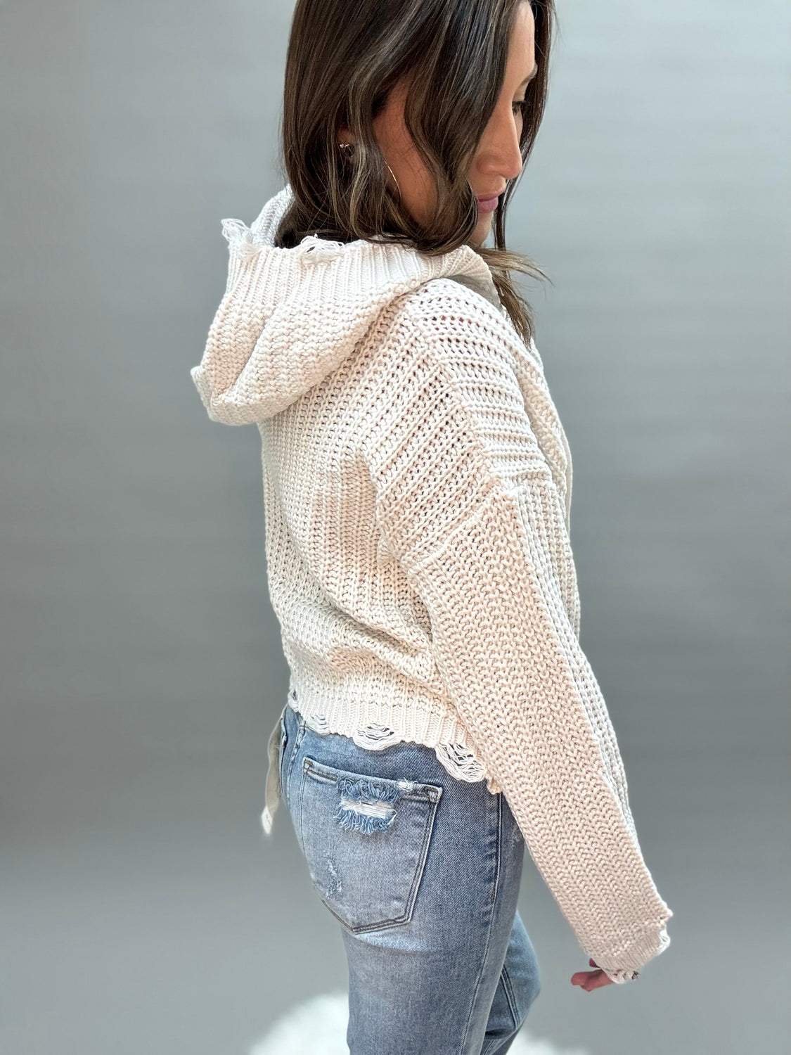 Tabby Knit Distressed Zip Up Sweater