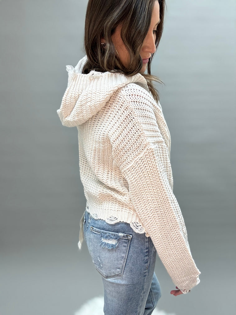 Tabby Knit Distressed Zip Up Sweater