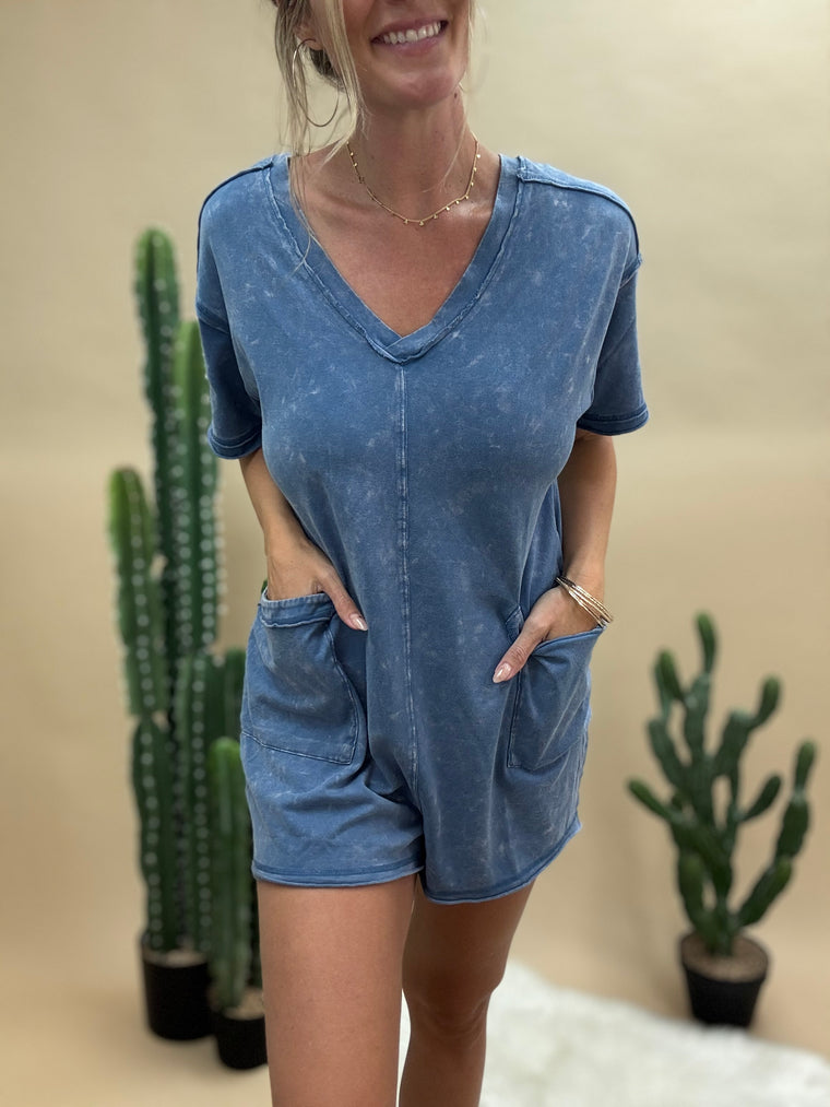 Dusty Blue Mineral Washed T-Shirt Romper