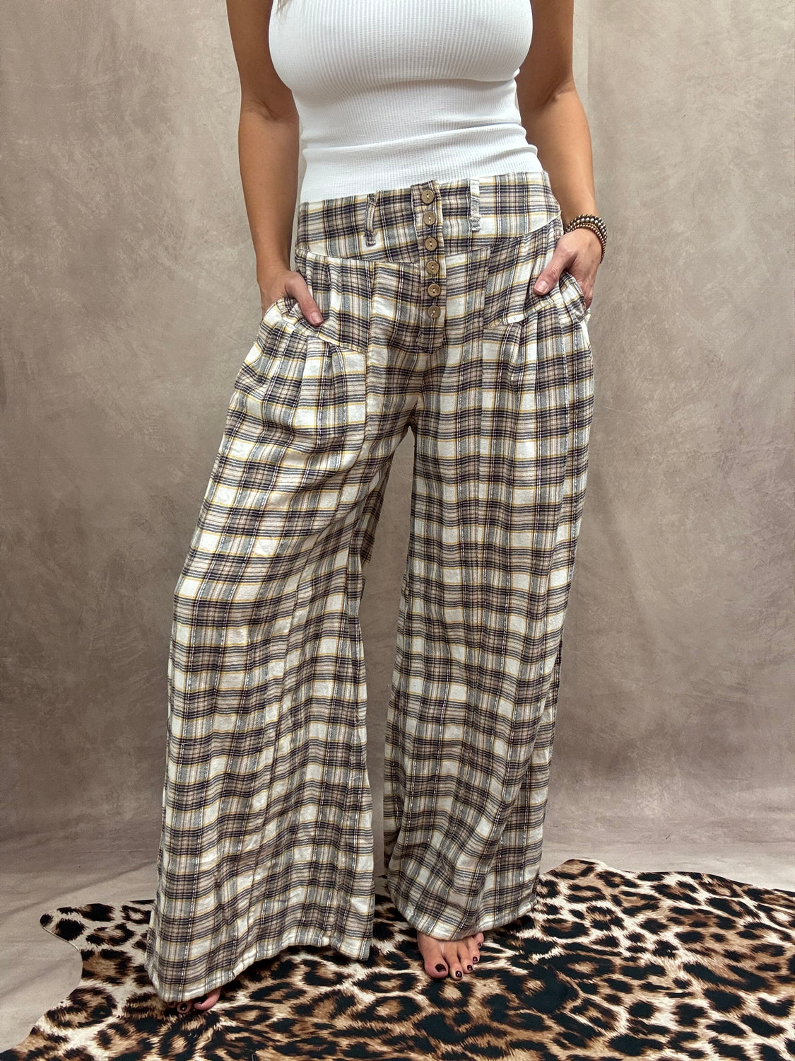 Buttoned Up Plaid Wide Leg Pants