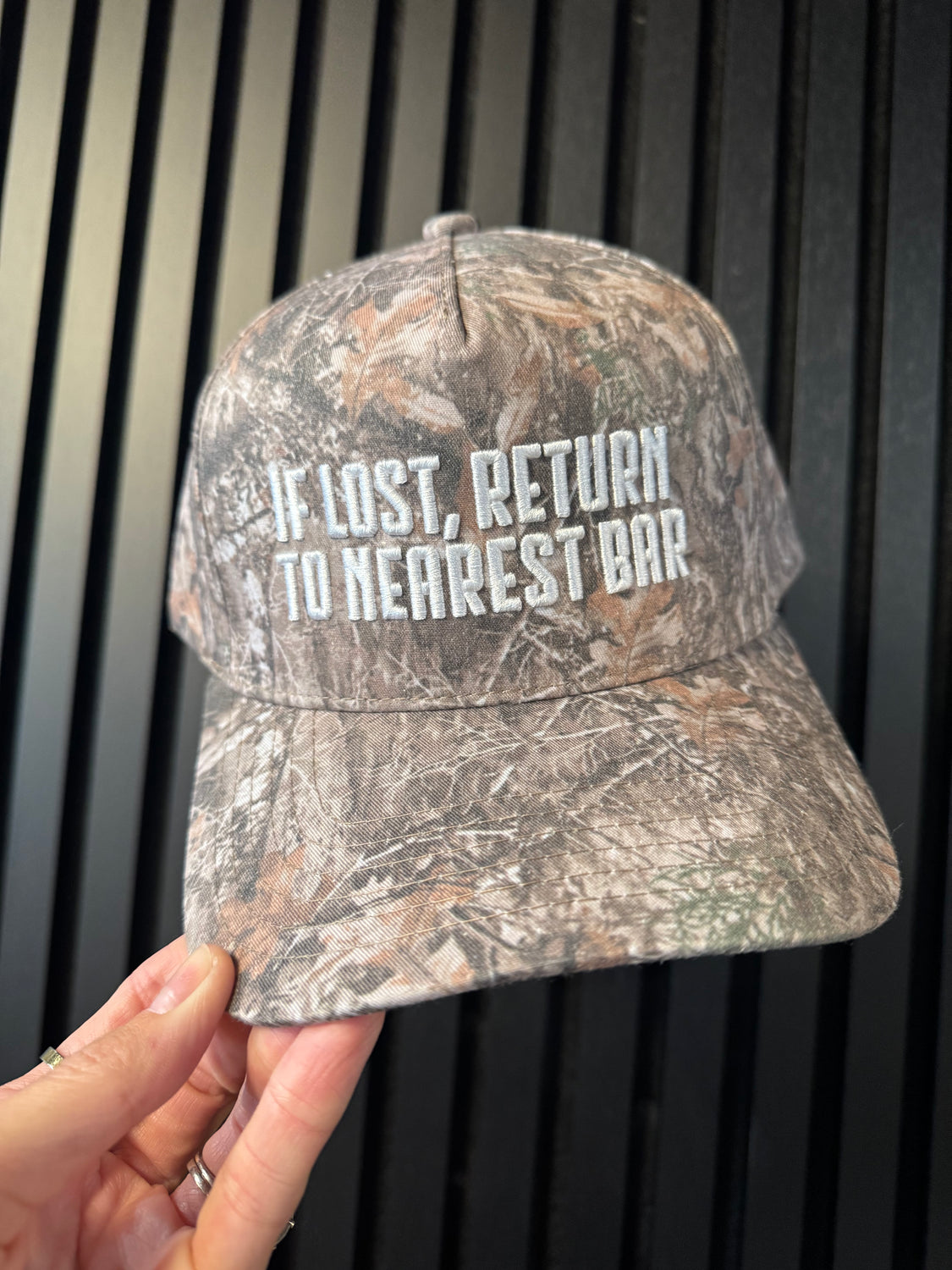 If Lost, Return to Bar Camo Trucker Hat